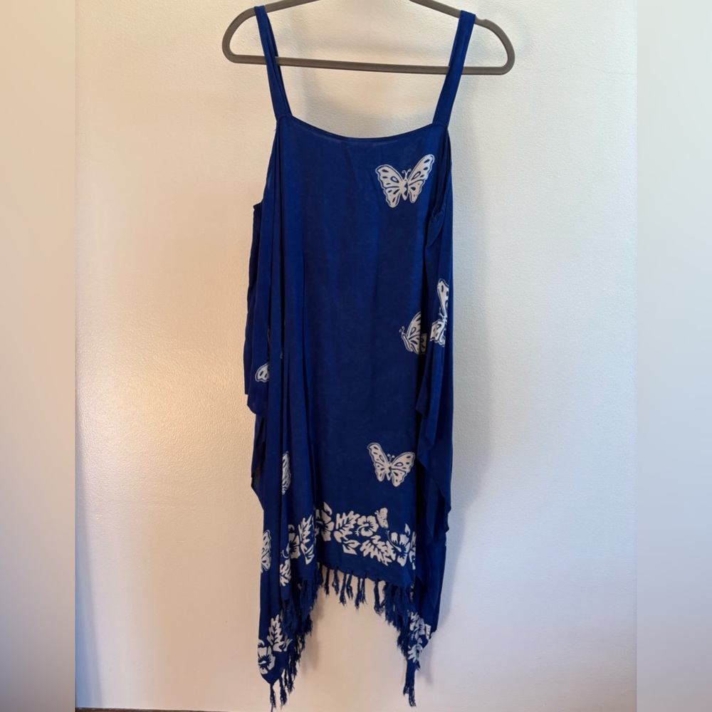 Pineapple Moon Blue Butterfly Bhatik Cold-Shoulder Hawaiian Midi Dress OS - Picture 4 of 4